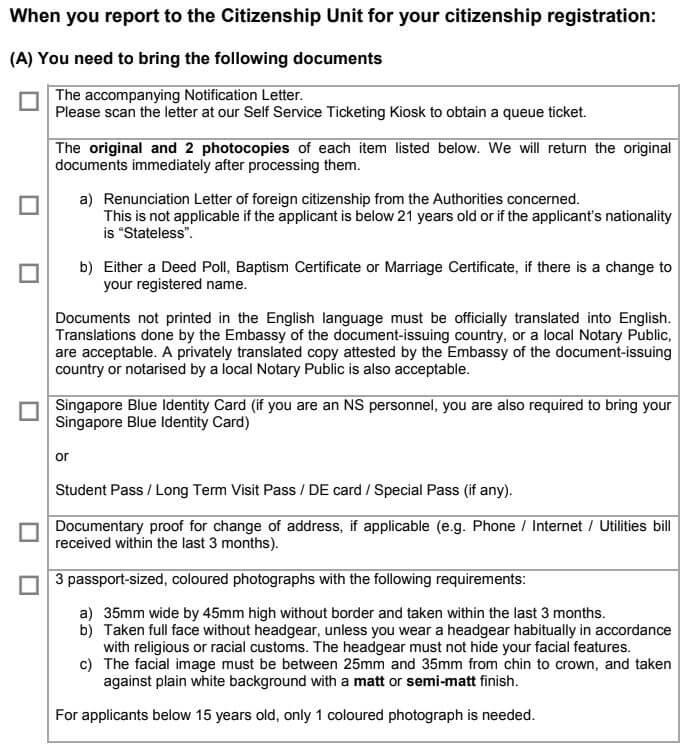 Required Documents for Singapore Citizenship Registration